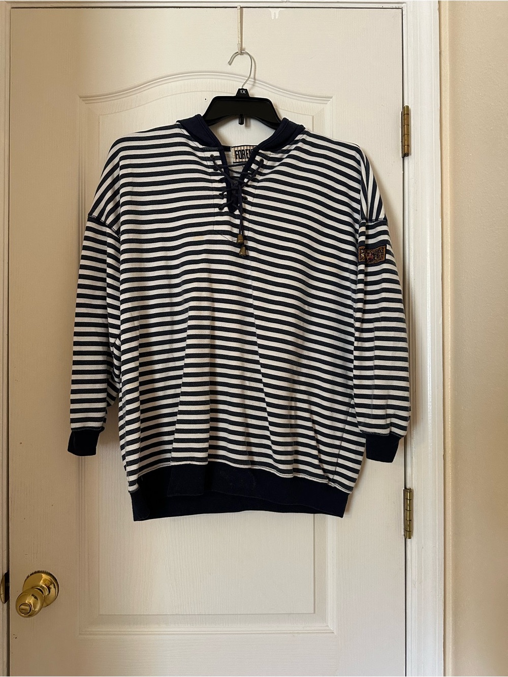 Forenza Black & White Striped Lace-Up Pullover Hoodie